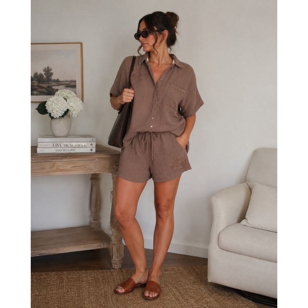 Nicole Miller New York 100% Cotton Gauze Lounge  1X Brwn‎ Beach Embroidered Set